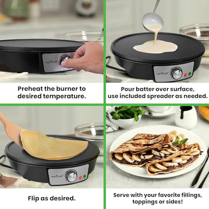 Nutrichef Electric Crepe Maker Pan & Griddle - 12 Inch Nonstick Cooktop, LED Indicators & Adjustable Temperature Control, Includes Spatula, Batter Spreader, Cooks Crepes, Roti & Pancakes