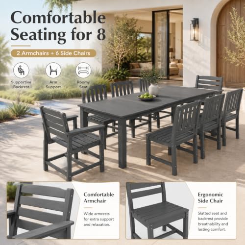 Kingdura 9 Piece Patio Dining Set for 8, All-Weather HDPE Patio Furniture, Ergonomic Chairs and 75.2'' Large Table Set with Built-in Umbrella Hole, UV-Resistant for Backyard, Deck, Poolside