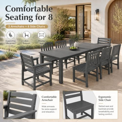 Kingdura 9 Piece Patio Dining Set for 8, All-Weather HDPE Patio Furniture, Ergonomic Chairs and 75.2'' Large Table Set with Built-in Umbrella Hole, UV-Resistant for Backyard, Deck, Poolside