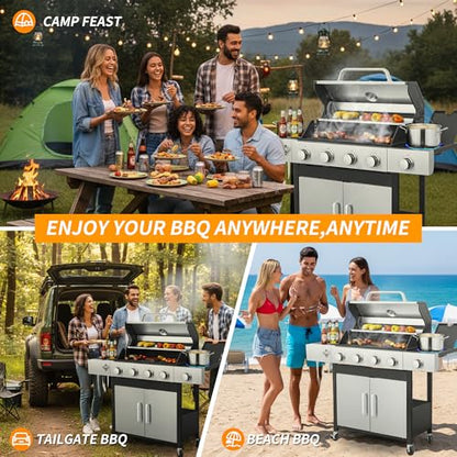 IdeaMaxx Propane Gas Grill 4 Burner, 49,000 BTU Outdoor BBQ Grill with Side Burner, Porcelain Cast Iron Grates & Stainless Steel, Fast Heating for Backyard, Camping, Tailgating
