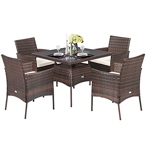 Tangkula 5 Pieces Wicker Patio Dining Set, Outdoor PE Rattan Chairs Table Set with 4 Seat Cushions, Patio Dining Furniture with Tempered Glass Tabletop, Suitable for Porch, Yard
