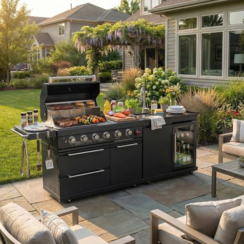 84 Inches Outdoor Kitchen Island, 5-Burner 75300 BTU Propane Stainless Steel BBQ with Side Burner, Refrigerator and Sink, Rotisserie, Granite Countertops, Storage for Backyard BBQ (Black)