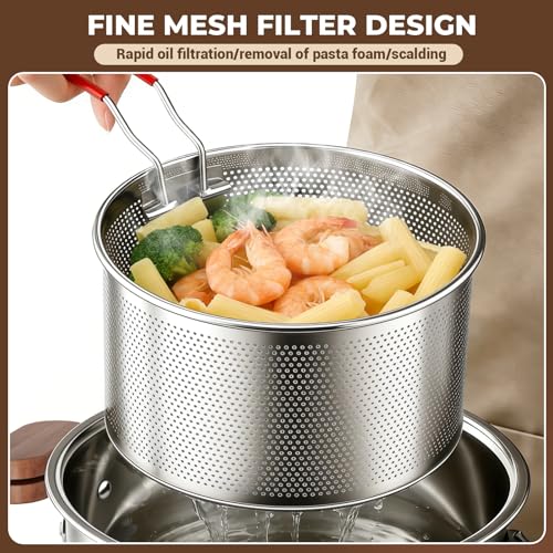 Opifex Deep Fryer Pot with Basket,2.8L Stockpot for 1-2 people Home Use and camping Frying, Pasta, Soup & Stews, 304 Stainless Steel,Strainer Basket for All Stovetops