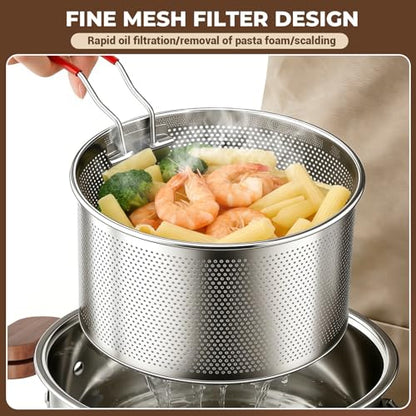Opifex Deep Fryer Pot with Basket,2.8L Stockpot for 1-2 people Home Use and camping Frying, Pasta, Soup & Stews, 304 Stainless Steel,Strainer Basket for All Stovetops