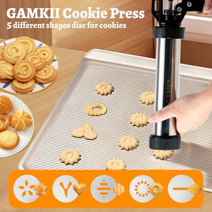 GAMKII Churro Maker Machine Stailness Steel Churrro Gun Kit with 4 Discs for Hollow Churro,5 Cookies Discs, 6 Icing Piping Nozzle, Piping Bag, 2 Clean Brushes for Cake Dessert DIY Maker Cookie Press