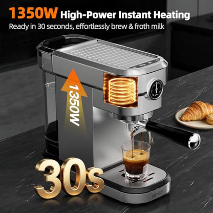 SECPOEDR 20 Bar Compact Espresso Machine with Pressure Gauge, Stainless Steel Espresso Maker with Milk Frother, Coffee Machine for Cappuccino & Latte, Silver