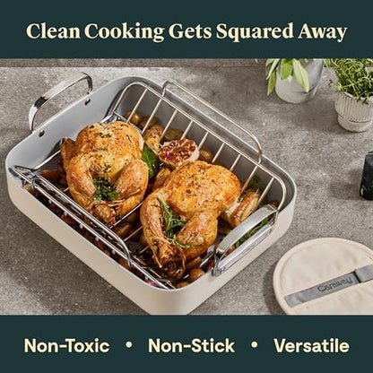 Caraway Roasting Pan - 16x13” Roasting Pan with Rack - Non-Stick Ceramic Coated - Non Toxic, PTFE & PFOA Free - Oven Safe & Compatible with All Stovetops - Black