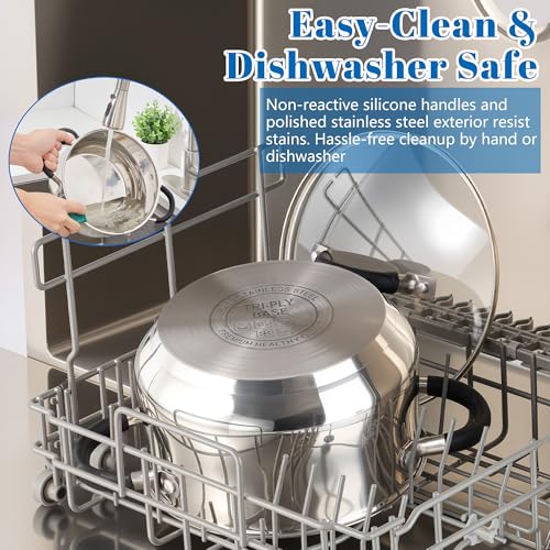 E-far Stainless Steel Stock Pot, 8 Quart Large Cooking Pot with Glass Lid for Boiling Pasta Soup Sauce, Tri-Ply Induction Thick Base for All Stoves, Cool-Touch Handles & Dishwasher Safe