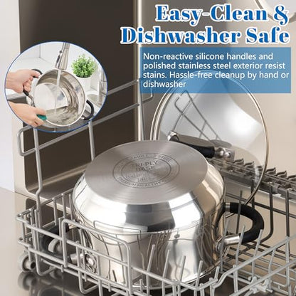 E-far 5Qt Stainless Steel Pot, Stock Pot with Glass Lid for Cooking Pasta Soup Sauce, Tri-Ply Induction Thick Base & Cool-Touch Handles, All Stoves & Dishwasher Safe