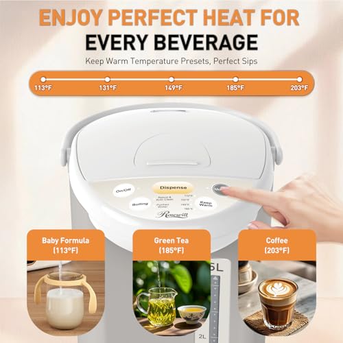 Rosewill Electric Water Boiler and Warmer - 5L/5.3 Qt Stainless Steel Hot Water Dispenser with Rotating Base, Keep Warm Temperature Set, Auto Shut Off, Safety Lock, Instant Heating for Coffee & Tea