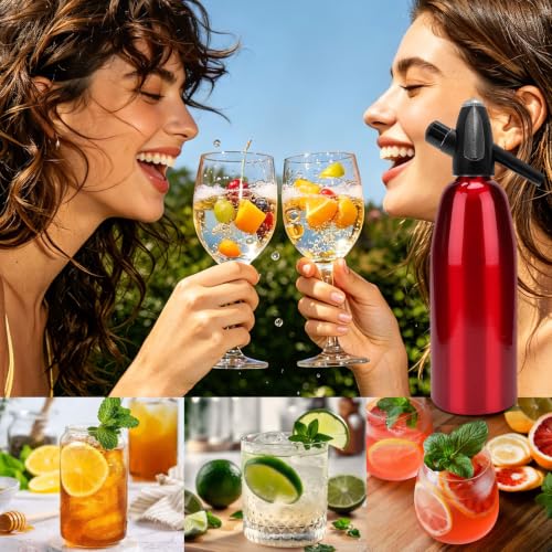 Soda Siphon, 1L Portable Seltzer Maker - Retro-Style Sparkling Water Machine for Homemade Carbonated Drinks, Juices & Cocktails, Uses 8g CO2 Cartridges (Cartridges Not Included) - (Red)