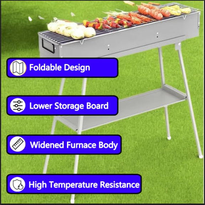 Portable Charcoal Grill, Stainless Steel BBQ Grill with Foldable Stand Adjustable Air Vents, Kebab Skewer BBQ Barbecue Grill Kit for Garden Backyard Party Picnic Travel Outdoor Use (31.6x7.1inch)