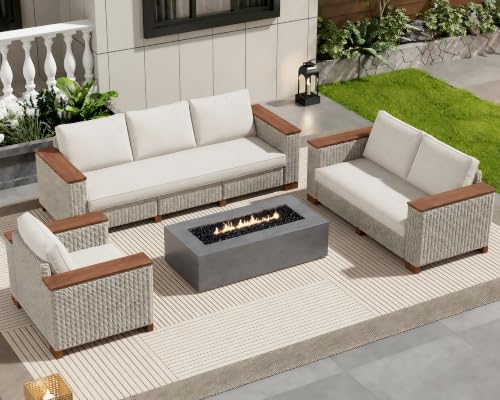 PaPaJet 6-Piece Wicker Patio Furniture Set with Solid Wood Armrest, Outdoor Patio Set with Thick Legs, UV-Resistant Modular Outdoor Sectional Sofa for Backyard, Porch, Garden