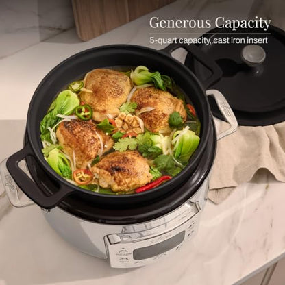 All-Clad 5 Quart 7-in-1 Electric Slow Cooker with Stainless Steel and Cast Iron, 1200W - Black Enamel Crock
