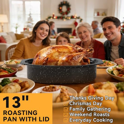 13” Roasting Pan, Turkey Roasting Pan, Small Oval Roaster Pan With Lid For 7 Lb Turkey, Chicken, Lamb, Beef, Vegetables, Casserole, Bread