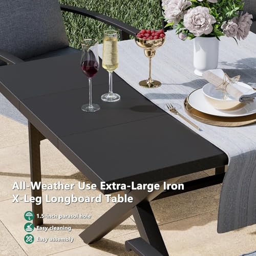 Kullavik 9 Pieces Outdoor Dining Set,Patio Dining Table and Chairs Set for 8,Fence Pattern Back Chairs with Thickened Cushions & Rectangular Metal Dining Table with Umbrella Hole for Patio,Grey