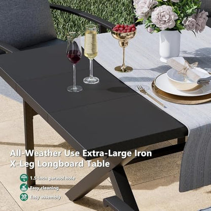 Kullavik 9 Pieces Outdoor Dining Set,Patio Dining Table and Chairs Set for 8,Fence Pattern Back Chairs with Thickened Cushions & Rectangular Metal Dining Table with Umbrella Hole for Patio,Grey