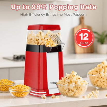 OSTBA Hot Air Popcorn Popper, 12-Cup Popcorn Maker Machine, Red