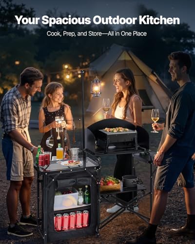 VEVOR Camping Kitchen Table, Outdoor Camp Cooking Table, Aluminum Portable Cook Station with Storage Cupboard, Carrying Bag, Detachable Windscreen, Quick Set-up for BBQ Party Picnic RV Travel, Black