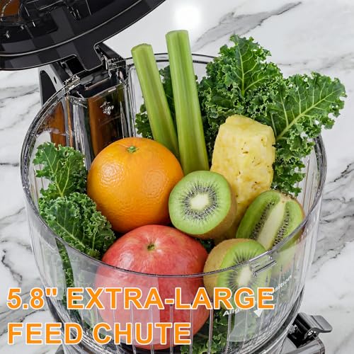 KIAMITH 300W Cold Press Juicer with 5.8" Extra-Large Feed Chute, Slow Masticating Juicer Machines for Fruits and Vegetables, High Juice Yield, Easy to Clean, Family Use, BPA Free (Black & Grey)