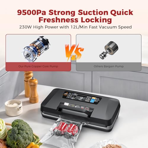 Vacuum Sealer Machine, Upgraded 230W 95KPa 10-in-1 Food Sealer with Double Heat Seal for Dry Moist Food, Easy-Lock Handle, Hose, Built-in Cutter and Bag Storage + Bags (1 Roll + 10 Pre-cut)