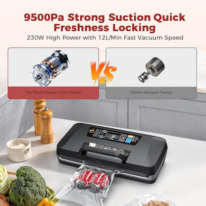Vacuum Sealer Machine, Upgraded 230W 95KPa 10-in-1 Food Sealer with Double Heat Seal for Dry Moist Food, Easy-Lock Handle, Hose, Built-in Cutter and Bag Storage + Bags (1 Roll + 10 Pre-cut)
