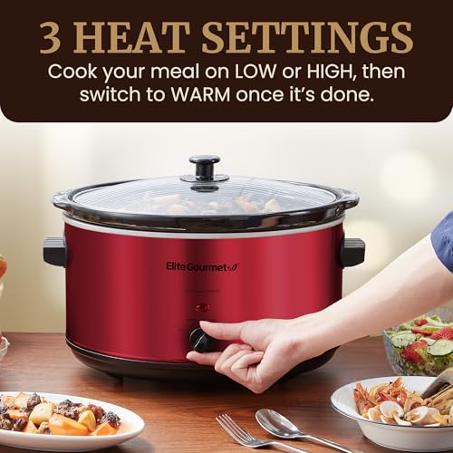 Elite Gourmet MST-900RXT Electric Ceramic XL Jumbo Slow Cooker, Adjustable Temp, Entrees, Sauces, Stews & Dips, Dishwasher Safe Glass Lid & Crock, 8.5Qt, Metallic Red