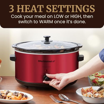 Elite Gourmet MST-900RXT Electric Ceramic XL Jumbo Slow Cooker, Adjustable Temp, Entrees, Sauces, Stews & Dips, Dishwasher Safe Glass Lid & Crock, 8.5Qt, Metallic Red