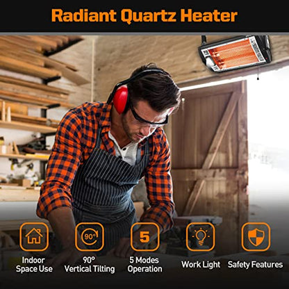 Shinic 2 Packs Electric Garage Heaters, 1500W/750W Ceiling Mounted Heater Radiant Heaters with Halogen Light, 90 Degree Rotation, 5 Mode Settings, Space Heater for Garage, Shop, Large Room and Patio