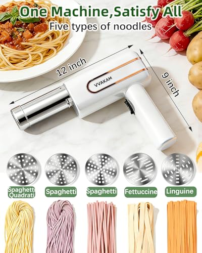 Electric Pasta Maker Machine, Potato Ricer 5-in-1 Automatic Noodle Maker Machine with Powerful Motor, Cordless Handheld Noodle Machine for Kitchen Home Restaurant (White)