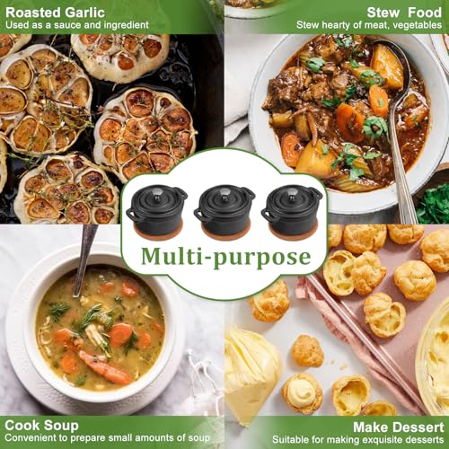 OGANAZI 3 Pcs Mini Cast Iron Dutch Oven Set – 8 oz Garlic Roaster Cocotte Pots with Lids, Handles and Cork Pan Mats Small Cast Iron Pots for Baking, Roasting, BBQ Grill, Stovetop and Oven Use