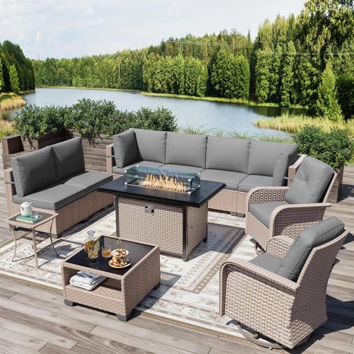Aukreolis 11 Pieces Patio Furniture Set with Fire Pit Table, Outdoor Sectional Wicker Sofa with Thick Cushions, High Back Swivel Rocker Patio Chairs, Rattan Conversation Set with Coffee Table, Grey