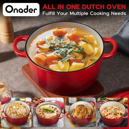 Onader Dutch Oven Pot with Lid, 6 QT Enameled Cast Iron Round Dutch Oven for Bread Baking, Heavy Duty Cast Iron Pot - Red