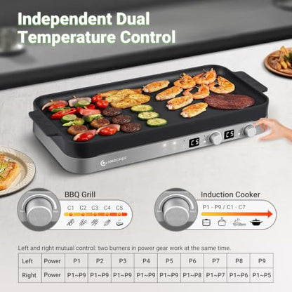 AMZCHEF Double Induction Cooktop, 1800W 2 Burner with Griddle Pan, Grey