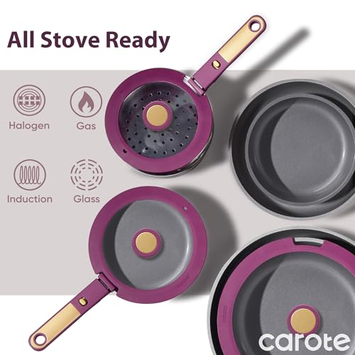 CAROTE Ceramic Pots and Pans Set, Nonstick Cookware Set Detachable Handle, 6pcs Induction Kitchen Cookware Sets Non Stick with Removable Handle, RV Cookware Set, Oven Safe, Purple