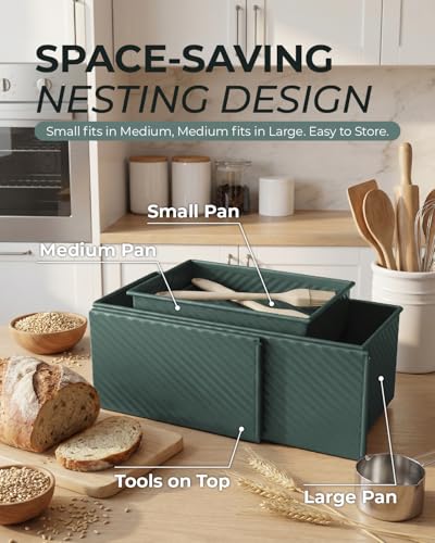 CARTMAN 3-Piece Pullman Loaf Pan with Lid Set – Non-Stick Carbon Steel Bread Pan with Bottom Vents – Includes Large (12.4"), Medium (8.2") & Mini (6.3") Sizes plus Silicone Tools – Sage Green