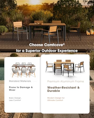 ComfCove Outdoor Dining Set, Aluminum Patio HDPS Outdooor Table and Chairs Set with Umbrella Hole, All Weather Patio Furniture Set, Patio Dining Table Set,Gray & Teak,7 Pieces
