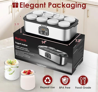 Suteck Yogurt Maker - Stainless Steel Yogurt Makers with Adjustable Time & Temp Control，Automatic Shut-Off & Constant Temper for Homemade Greek, Probiotic Yogurt, BPA-Free 8 Glass Jars (48 oz), Black