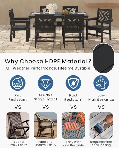 BIVODA 7-Piece Outdoor Dining Set, HDPE All-Weather Patio Table and Chairs Set for 6, Outdoor Patio Furniture Sets with Umbrella Hole for Outside, Deck, Backyard, Garden (Black)