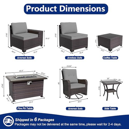 ASJMR 10 Pieces Patio Furniture Set with 2 Swivel Chairs Patio Furniture Outdoor Sectional Sofas with 55000 Gas Fire Pit Patio Conversation Set w/7 Cushions-Gary