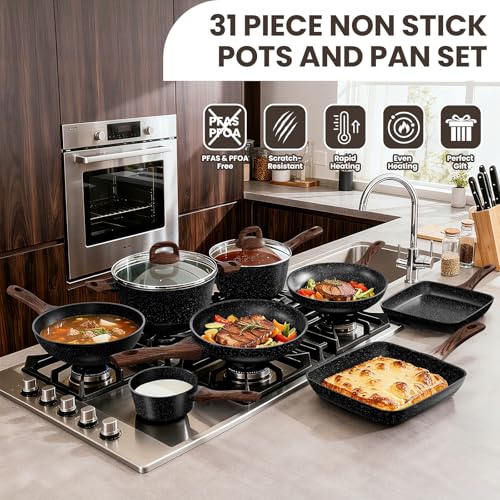 Pots and Pans Set Non Stick, 31 Piece Kitchen Induction Cookware & Bakeware Set, Nonstick Kitchen Cooking Pans Set with Frying Pans Set Grill Pan Saucepan Baking Sheet & Utensils, PFOA Free