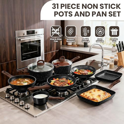Pots and Pans Set Non Stick, 31 Piece Kitchen Induction Cookware & Bakeware Set, Nonstick Kitchen Cooking Pans Set with Frying Pans Set Grill Pan Saucepan Baking Sheet & Utensils, PFOA Free