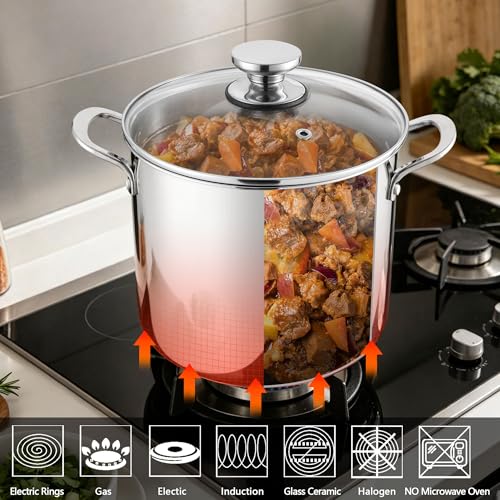 P&P CHEF 8 Quart Stainless Steel Stock Pot with Lid, Large Stockpot for Cooking Pasta Soup, Cookware for Induction Gas Electric Stoves, Visible Lid & Measuring Markings, Dishwasher Safe