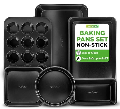 NutriChef Stackable Non-Stick Baking Pan Set – Carbon Steel Bakeware Set w/ Cookie Sheet, Muffin & Loaf Pan, Double Coated for Easy Release, Oven & Dishwasher Safe, Resists Warping, – Easy to Clean