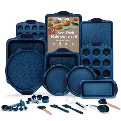 BAKKEN Kitchen Baking Pan Set - Nonstick Coating, Carbon Steel Bakeware Sets with Blue Silicone Handles, Baking Kitchen Essentials, PFOA, PFOS, PTFE Free, Oven Safe Tray (Up To 450° F), Set of 18