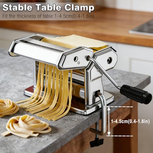 AIMEIKI Manual Pasta Maker Machine, Stainless Steel Pasta Maker with 9 Adjustable Thickness Settings 2 in 1 Noodle Maker with Rollers and Cutter, Perfect for Spaghetti, Fettuccini, Lasagna & More