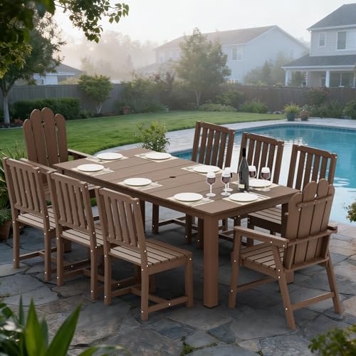 Tioline 9-Piece Patio Dining Set, Outdoor Dining Set for 8, HDPE All-Weather Outdoor Furniture with 75.20” Umbrella Hole Table, 2 Armchairs & 6 Armless Chairs, Brown