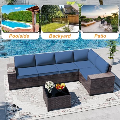 ASJMR Outdoor Patio Furniture Set, 6 Pieces Outdoor Sectional Furniture High Backrest Patio Sofa, All-Weather PE Rattan Patio Conversation Set with Coffee Table & Cushions(Dark Blue).