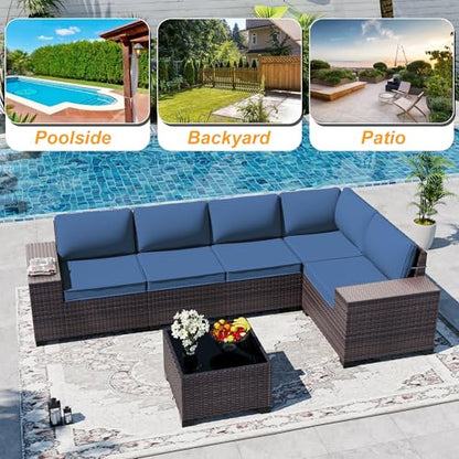 ASJMR Outdoor Patio Furniture Set, 6 Pieces Outdoor Sectional Furniture High Backrest Patio Sofa, All-Weather PE Rattan Patio Conversation Set with Coffee Table & Cushions(Dark Blue).
