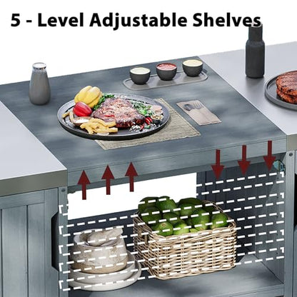 66.5" Outdoor Grill Cart with Storage, Movable Outdoor Kitchen Island with Stainless Steel Top & Wheels, Solid Wood BBQ Tables with Drawer/S-Hook/Bottle Opener for Outside Patio (Grey+Blue)